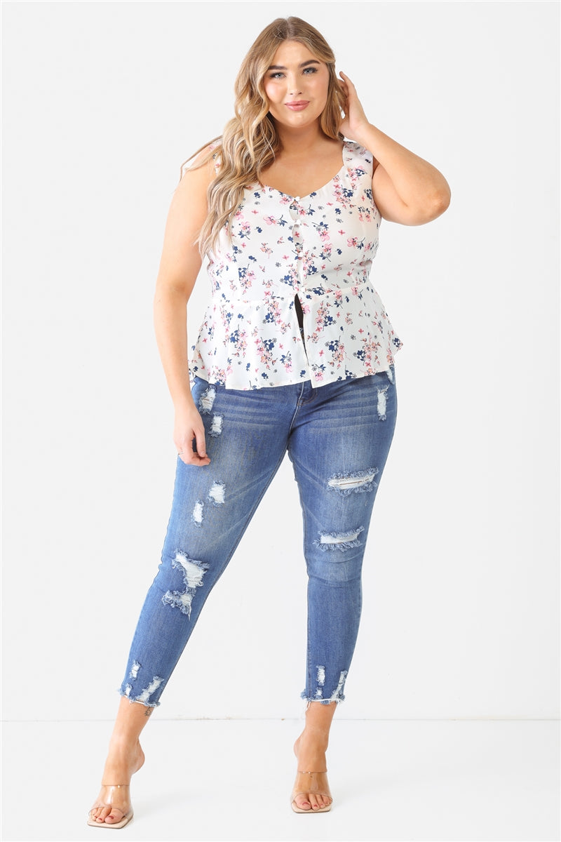 Floral Button-up Sleeveless Flare Hem Top Plus Size