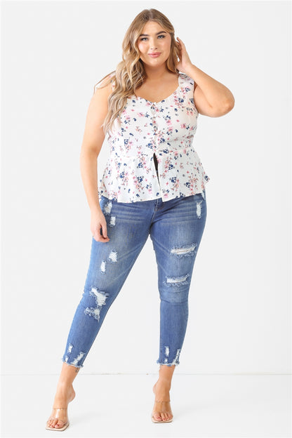 Floral Button-up Sleeveless Flare Hem Top Plus Size