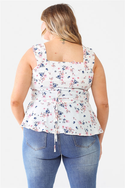 Floral Button-up Sleeveless Flare Hem Top Plus Size