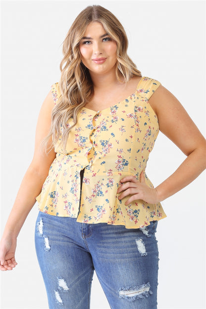 Floral Button-up Sleeveless Flare Hem Top Plus Size