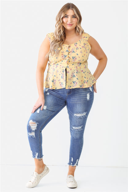 Floral Button-up Sleeveless Flare Hem Top Plus Size