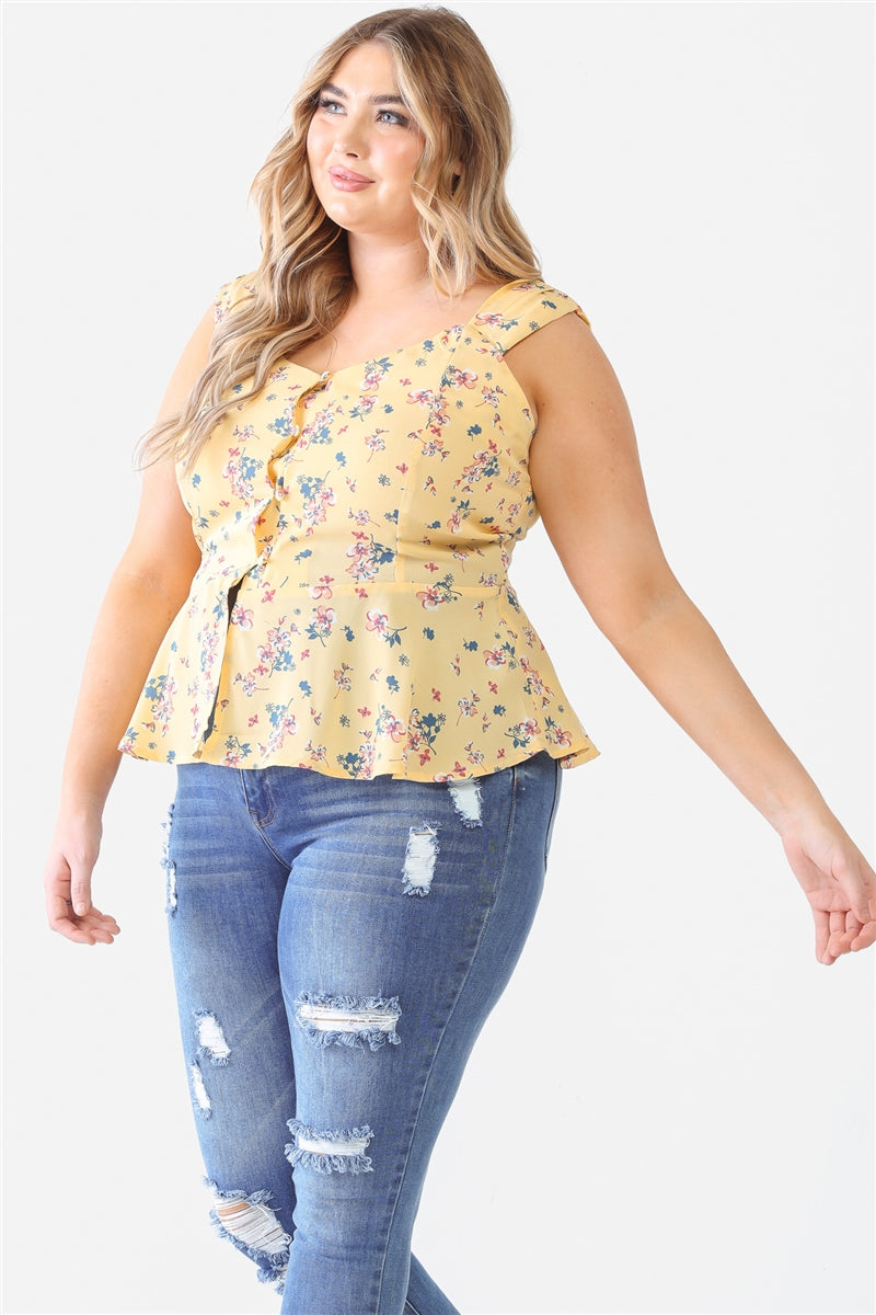 Floral Button-up Sleeveless Flare Hem Top Plus Size