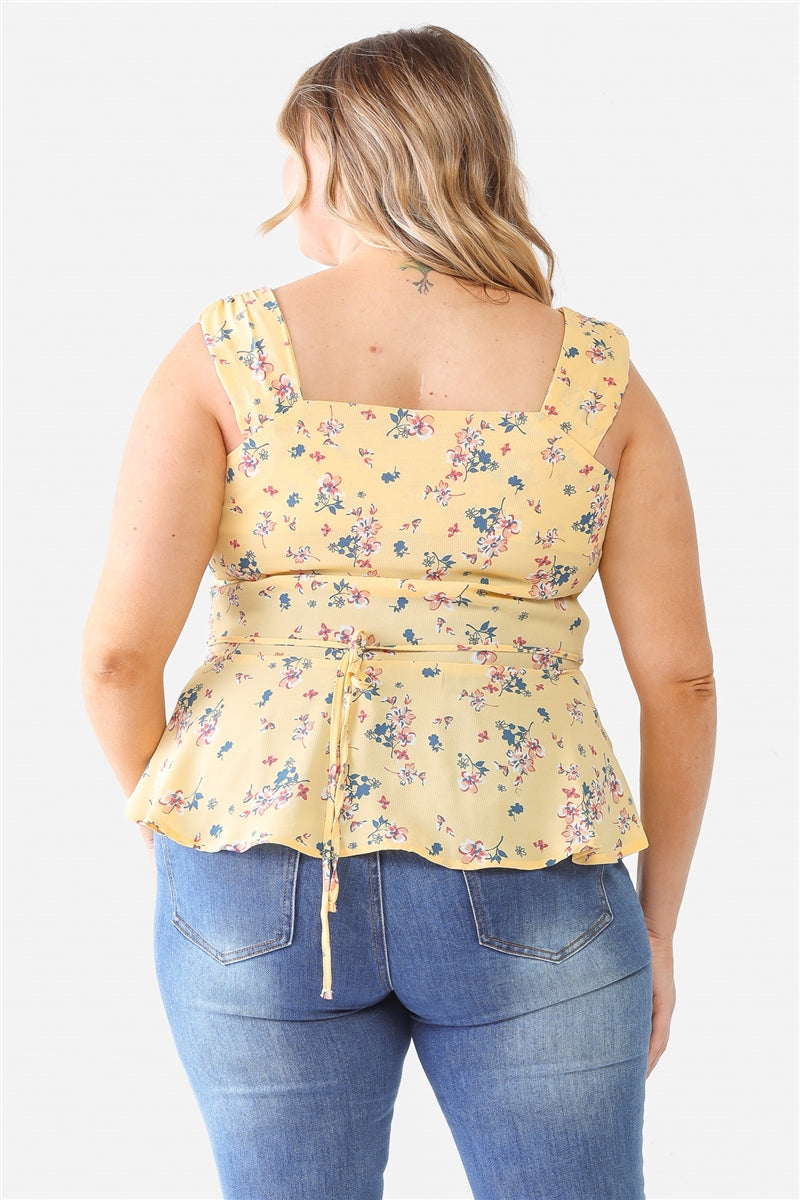 Floral Button-up Sleeveless Flare Hem Top Plus Size