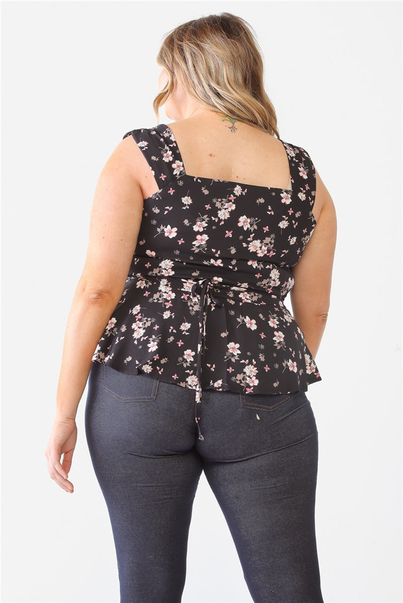 Floral Button-up Sleeveless Flare Hem Top Plus Size