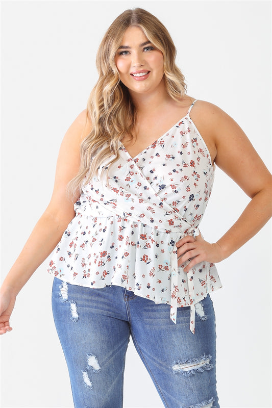 Floral Sleeveless Wrap Neck Flare Hem Top Plus Size