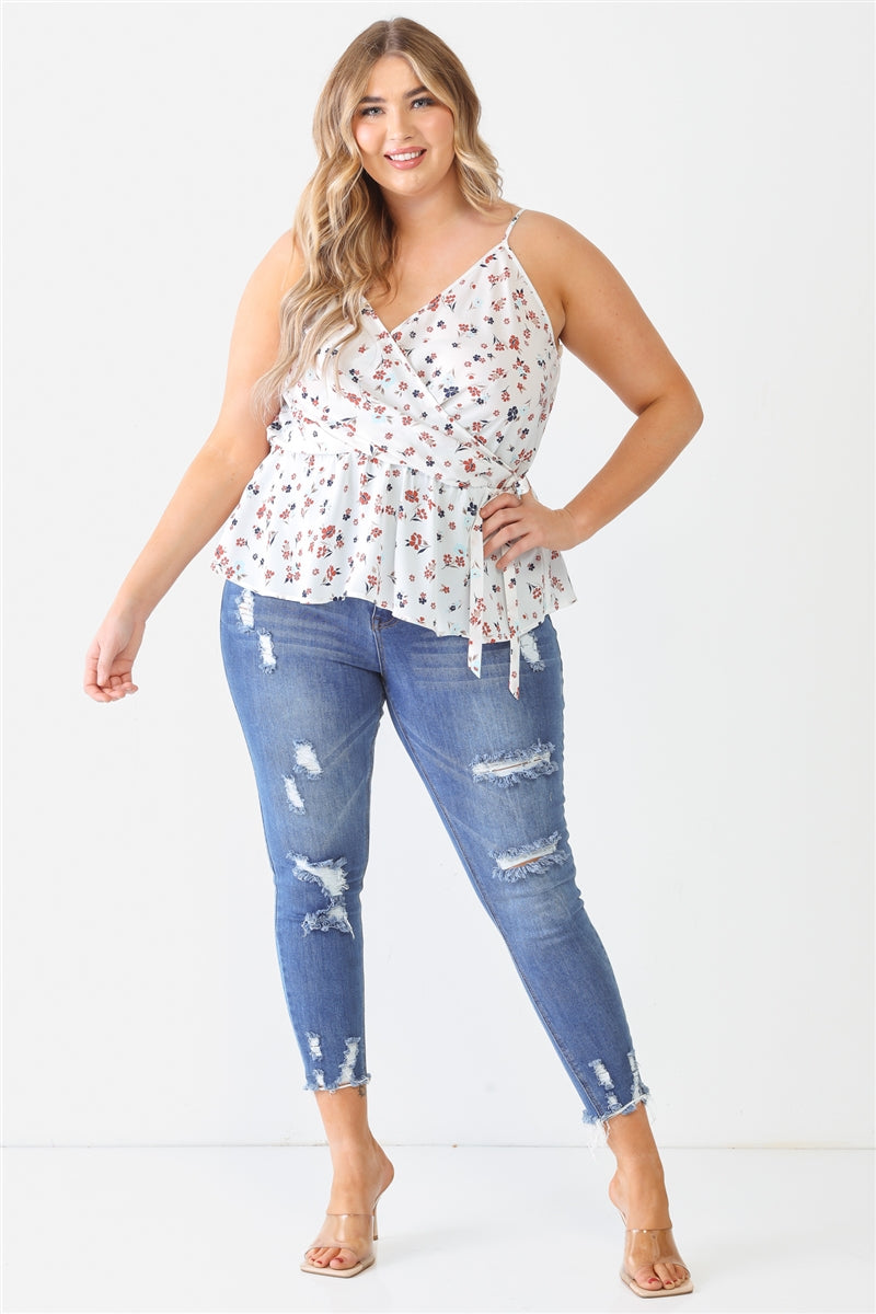 Floral Sleeveless Wrap Neck Flare Hem Top Plus Size