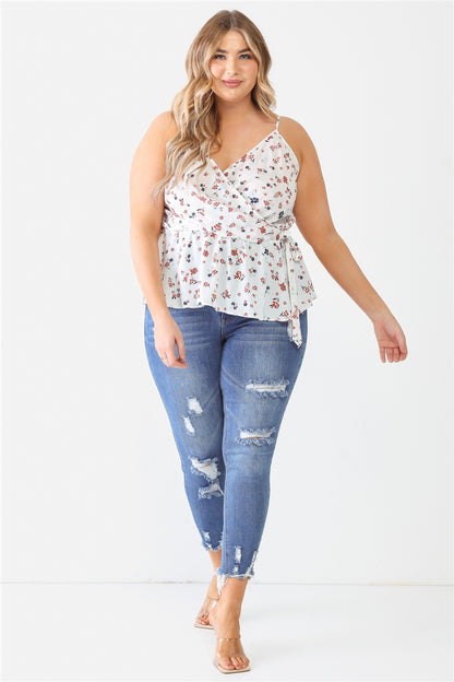 Floral Sleeveless Wrap Neck Flare Hem Top Plus Size