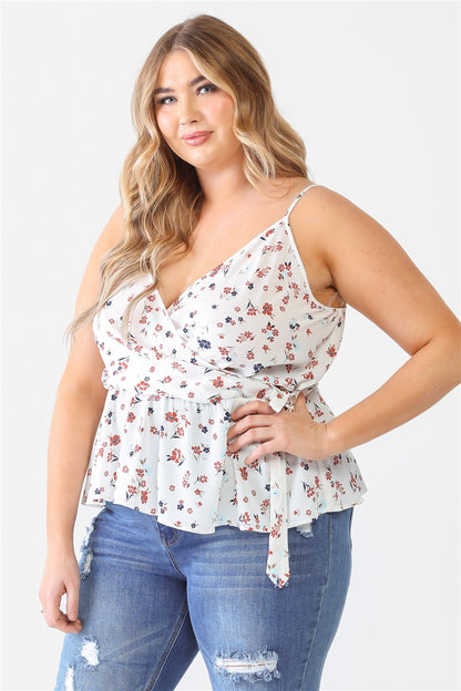 Floral Sleeveless Wrap Neck Flare Hem Top Plus Size