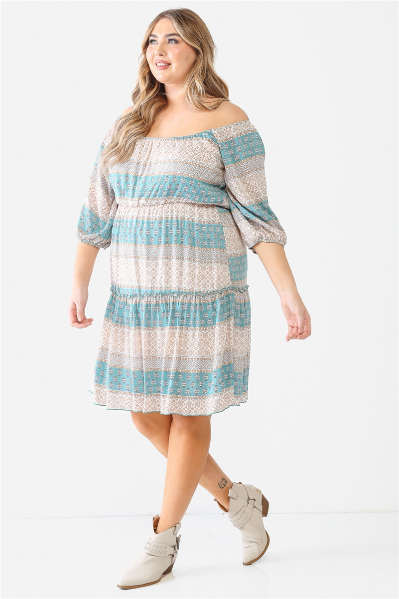 Textured Ruffle Flare Hem Mini Dress Plus Size