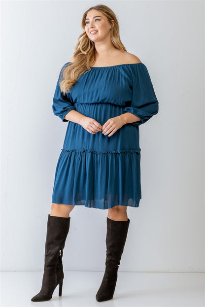 Textured Ruffle Flare Hem Mini Dress Plus Size