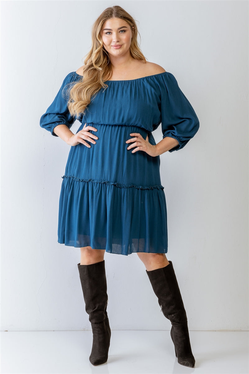 Textured Ruffle Flare Hem Mini Dress Plus Size