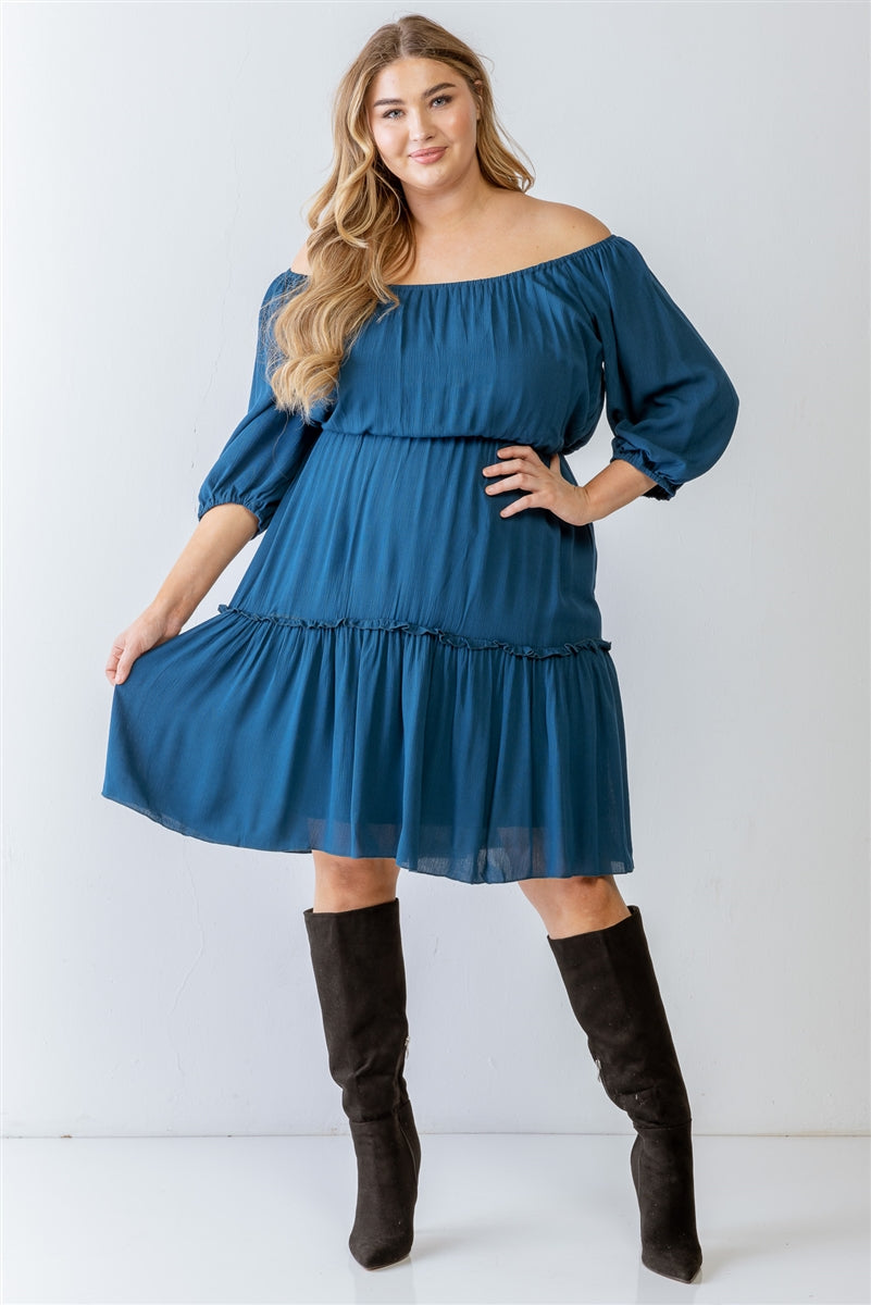 Textured Ruffle Flare Hem Mini Dress Plus Size