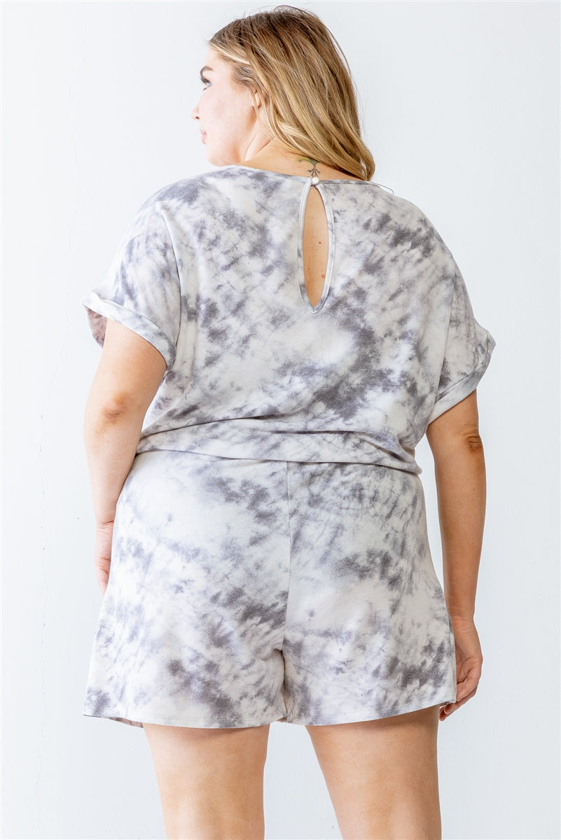 Ivory & Grey Tie-dye Print Two Pocket Romper Plus Size