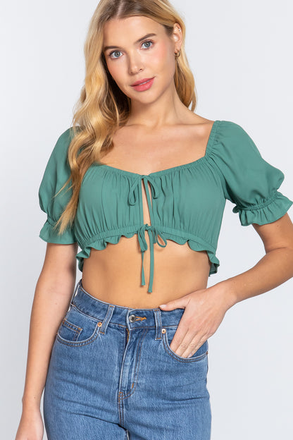 Short Sleeve Print Crop Woven Top