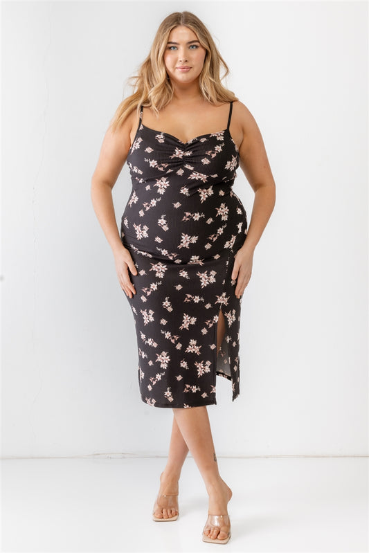 Floral Ribbed Ruched Sleeveless Midi Dress Plus Size