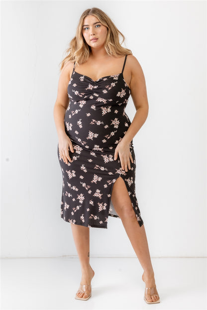 Floral Ribbed Ruched Sleeveless Midi Dress Plus Size