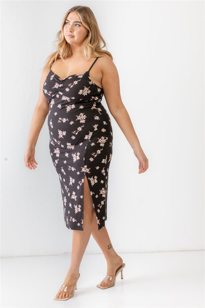 Floral Ribbed Ruched Sleeveless Midi Dress Plus Size