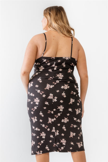 Floral Ribbed Ruched Sleeveless Midi Dress Plus Size