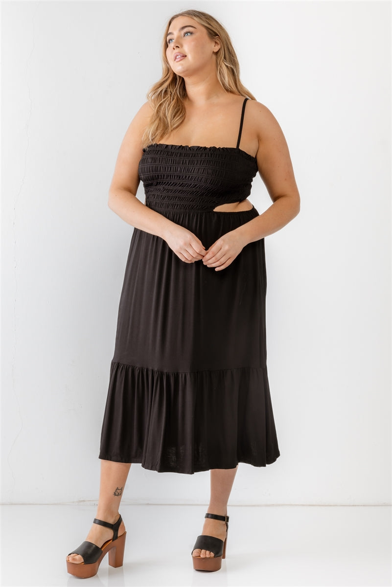 Smocked Cut-out Strappy Flare Hem Midi Dress