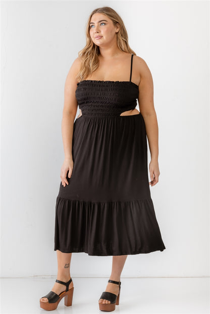 Smocked Cut-out Strappy Flare Hem Midi Dress