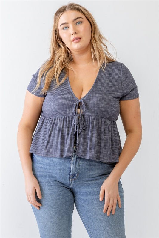 Denim Blue Ribbed U-shape Neck Flare Hem Tie Top Plus Size