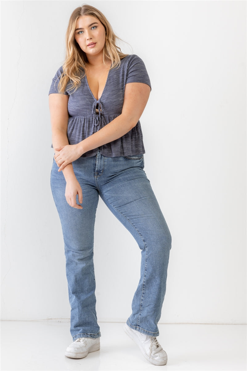 Denim Blue Ribbed U-shape Neck Flare Hem Tie Top Plus Size