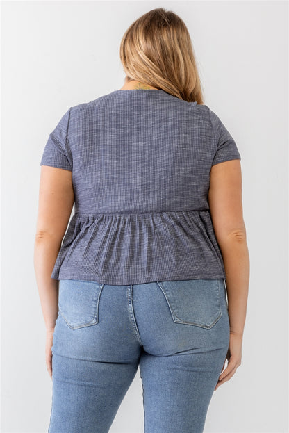 Denim Blue Ribbed U-shape Neck Flare Hem Tie Top Plus Size