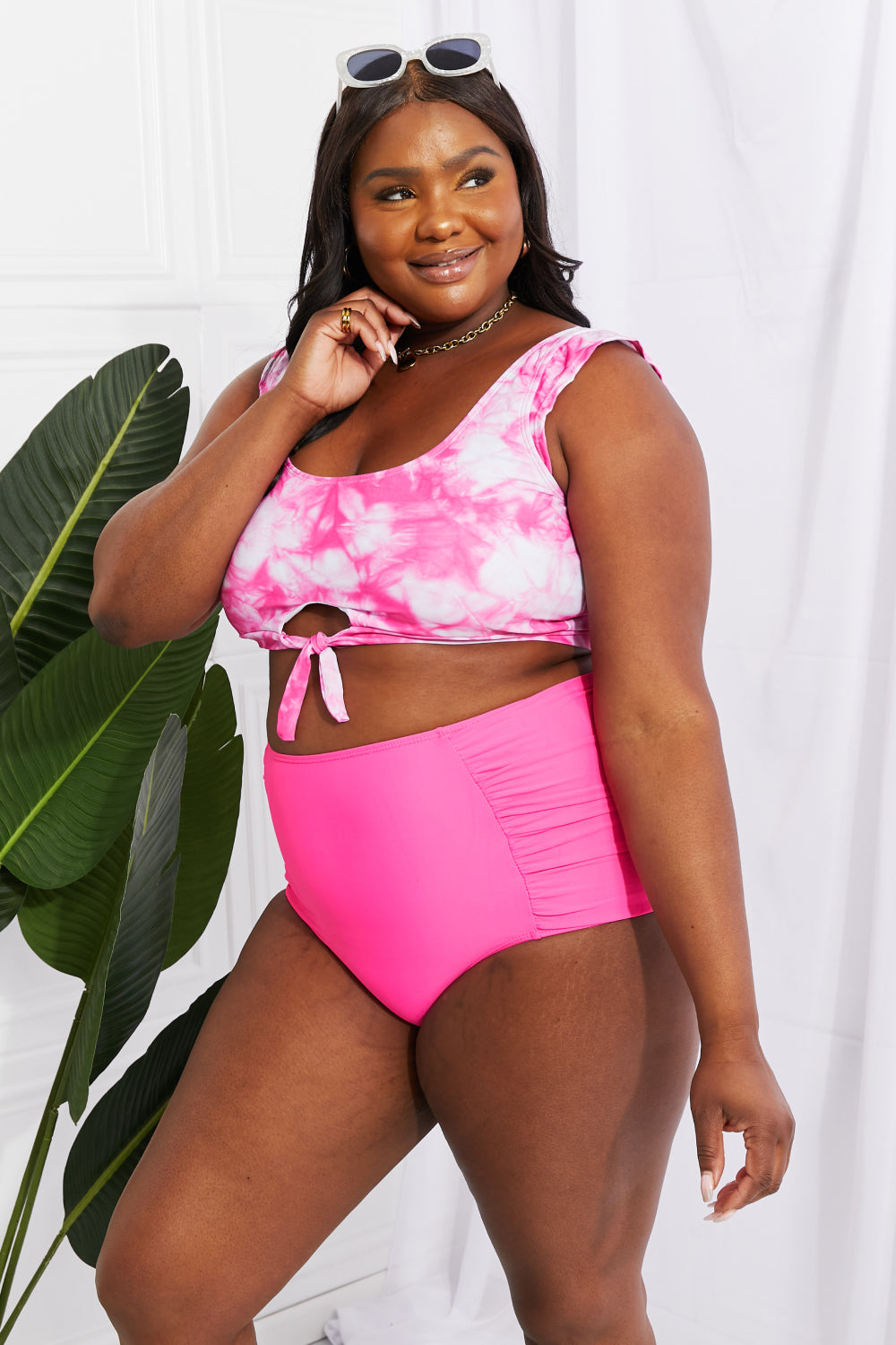 Marina West Swim Sanibel Crop Swim Top and Ruched Bottoms Set in Pink Full Size