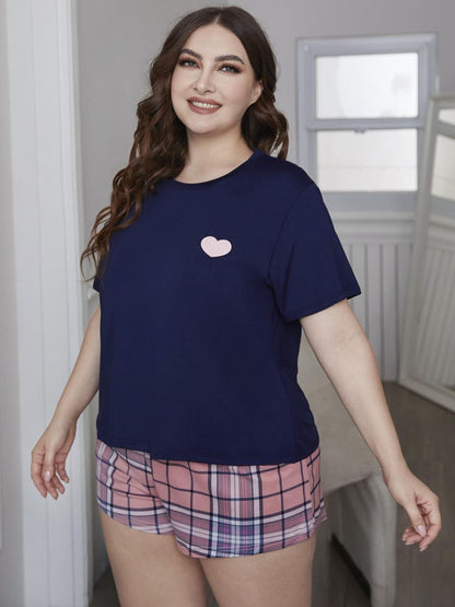 Heart Graphic Top and Plaid Shorts Loungewear Set Plus Size