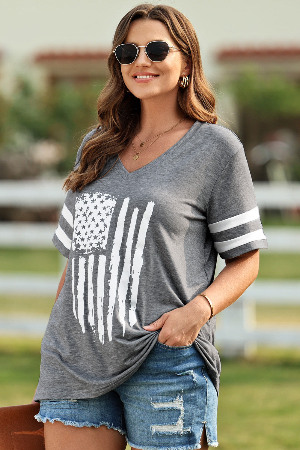 US Flag Graphic V-Neck Tee Plus Size