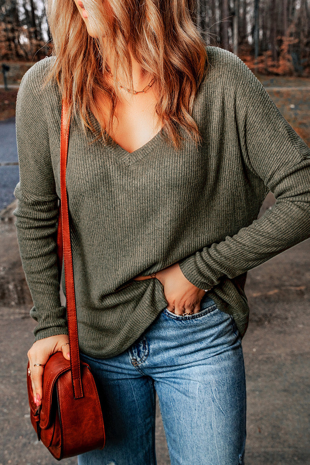 V-Neck Long Sleeve Ribbed Top