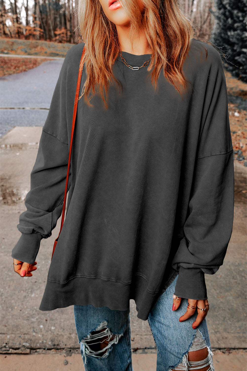 Dropped Shoulder Round Neck Long Sleeve Sweatshirt