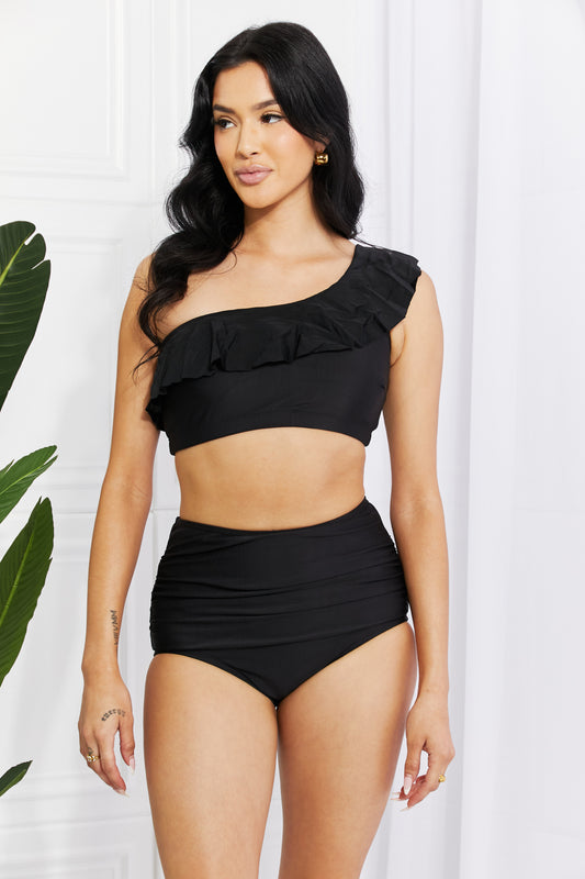 Marina West Swim Seaside Romance Ruffle One-Shoulder Bikini in Black Full Size