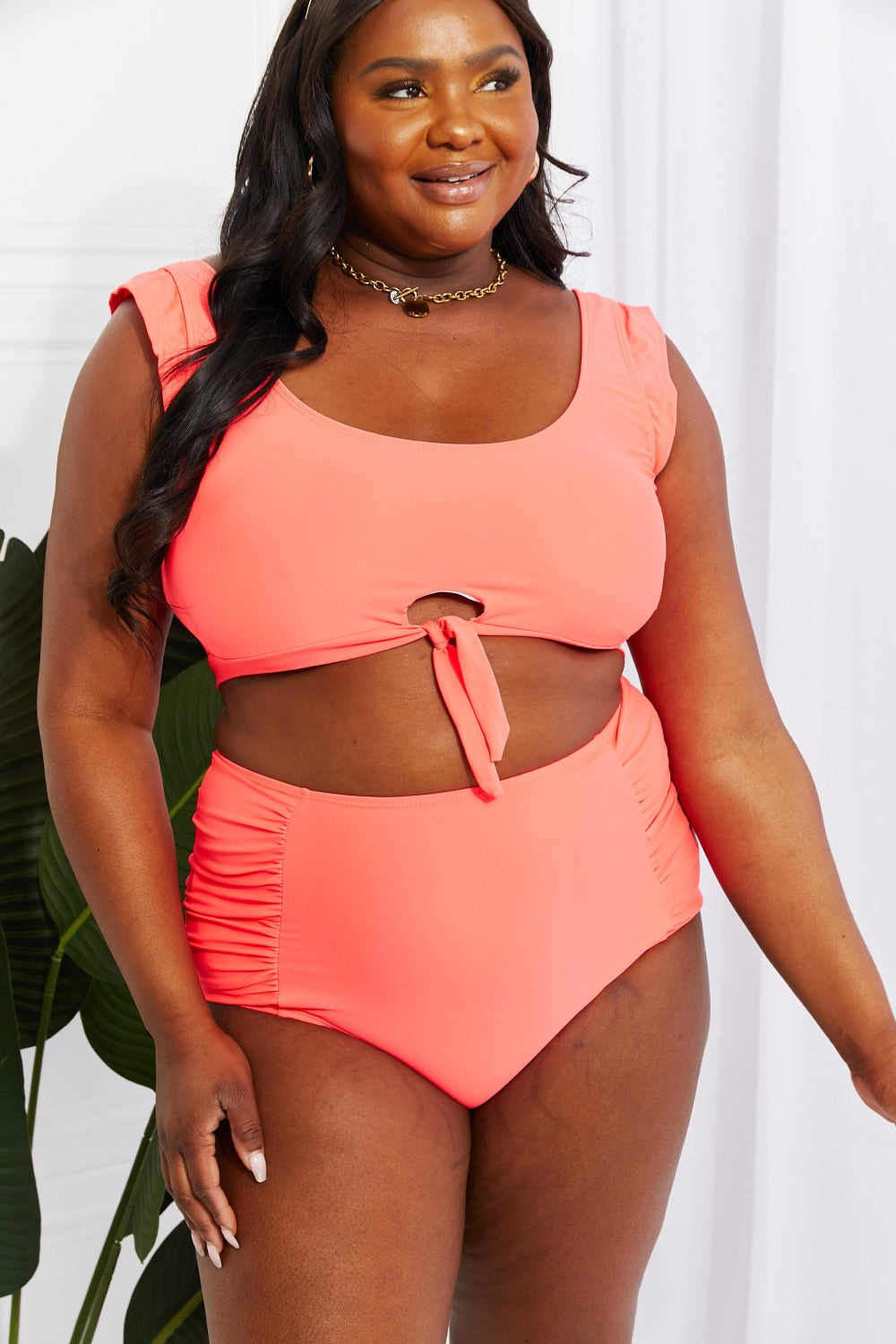 Marina West Swim Sanibel Crop Swim Top and Ruched Bottoms Set in Coral Full Size