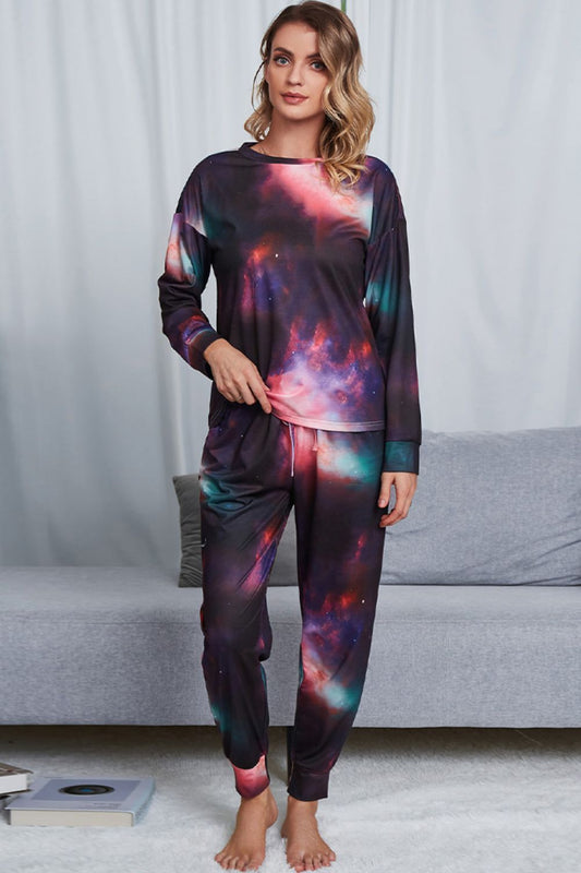 Tie-Dye Crewneck Top and Drawstring Waist Joggers Lounge Set