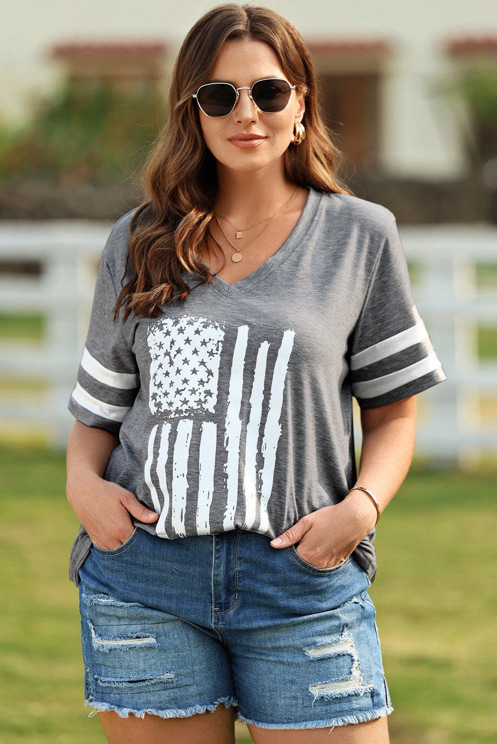 US Flag Graphic V-Neck Tee Plus Size